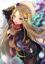 Rule 34 | 1girl, abigail williams (fate), bell, black bow, black jacket, blonde hair, blue eyes, blue shirt, blurry, blurry background, blush, bow, fate/grand order, fate (series), forehead, hair bow, hand up, happy new year, highres, holding, holding stuffed toy, jacket, long hair, long sleeves, looking at viewer, new year, open clothes, open jacket, open mouth, orange bow, parted bangs, plaid, plaid skirt, pleated skirt, polka dot, polka dot bow, red scarf, scarf, shirt, skirt, smile, snowing, solo, stuffed animal, stuffed toy, teddy bear, zotari