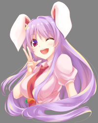Rule 34 | 1girl, ;d, animal ears, artist name, bad id, bad pixiv id, blush, breasts, carrot, commentary request, cropped torso, grey background, hand up, hisae (hisae collect), large breasts, long hair, looking at viewer, necktie, one eye closed, open mouth, pink shirt, puffy short sleeves, puffy sleeves, purple hair, rabbit ears, red eyes, red necktie, reisen udongein inaba, shirt, short sleeves, simple background, smile, solo, touhou, twitter username, upper body, w, wing collar