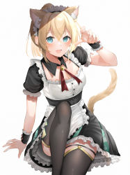 Rule 34 | absurdres, animal ears, bell, black thighhighs, blonde hair, blue eyes, highres, hololive, holox, kazama iroha, looking at viewer, maid, maid headdress, neck bell, open mouth, sitting, skirt, tail, thighhighs, virtual youtuber, yoshioka (today is kyou)