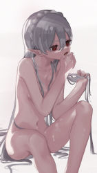 Rule 34 | 1girl, arknights, breasts, commentary, cum, cum on hands, cum on legs, fangs, feet out of frame, grey hair, hair between eyes, hand grab, hand up, highres, knee up, licking, licking cum, long hair, midu5, navel, nude, pointy ears, red eyes, simple background, sitting, slit pupils, small breasts, solo, suggestive fluid, warfarin (arknights), white background