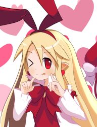 1girl ;p blonde_hair disgaea earrings fingers_to_cheeks flonne flonne_(fallen_angel) hairband heart heart_earrings highres jewelry makai_senki_disgaea one_eye_closed pointy_ears red_eyes tongue tongue_out yuiji_(yui-yukaona)