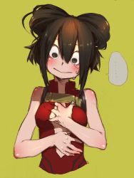 Rule 34 | ..., 10s, 1girl, :&gt;, absurdres, alternate hairstyle, asui tsuyu, bad id, bad pixiv id, black eyes, blush, boku no hero academia, breasts, brown hair, center opening, cleavage, cosplay, covering privates, covering breasts, embarrassed, green background, hair rings, hair up, hand under clothes, highres, long hair, looking down, simple background, solo, spoken ellipsis, sweat, upper body, usazaki shiro, yaoyorozu momo, yaoyorozu momo (cosplay)