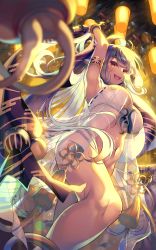 Rule 34 | 1girl, animal ears, aquaplus, armband, armlet, arms up, artist request, blue hair, blush, bracelet, breasts, crop top, dress, eyelashes, festival, fish, from below, from side, gradient eyes, gradient hair, hair between eyes, highres, jewelry, lantern, lantern festival, large breasts, long hair, looking at viewer, midriff, multicolored eyes, multicolored hair, muscular, muscular female, nose, official art, open mouth, orange eyes, paper lantern, raised eyebrows, see-through, see-through dress, shiny clothes, shiny skin, sidelocks, sky lantern, solo, teeth, thighs, toned, toned female, tongue, utawarerumono, utawarerumono: lost flag, very long hair, yuran (utawarerumono: lost flag)