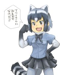 Rule 34 | 10s, animal ears, bow, bowtie, breast pocket, clenched hand, commentary request, common raccoon (kemono friends), fang, fur collar, gloves, hand on own hip, highres, kemono friends, multicolored hair, open mouth, pantyhose, pocket, puffy sleeves, raccoon ears, raccoon tail, short hair, short sleeves, skirt, solo, speech bubble, standing, tail, thin (suzuneya), translation request