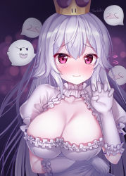 Rule 34 | 1girl, bad id, bad pixiv id, blush, boo (mario), breasts, cleavage, closed mouth, collarbone, crown, detached collar, dress, earrings, fangs, fangs out, frilled dress, frilled gloves, frilled sleeves, frills, gloves, hair between eyes, has bad revision, has downscaled revision, highres, jewelry, large breasts, lips, long hair, looking at viewer, luigi&#039;s mansion, mario (series), md5 mismatch, new super mario bros. u deluxe, nintendo, princess king boo, puffy short sleeves, puffy sleeves, purple eyes, resolution mismatch, short sleeves, silver hair, source smaller, sousouman, super crown, upper body, white dress, white gloves