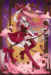 1girl absurdres baobhan_sith_(fate) baobhan_sith_(valentine_witches)_(fate) blush boots breasts broom broom_riding candy dress fate/grand_order fate_(series) food frilled_dress frills full_body garter_straps grey_eyes hand_up hat high_heel_boots high_heels highres le_memory long_hair looking_at_viewer pink_hair pink_hat platform_footwear platform_heels pointy_ears red_dress sidelocks smile solo thigh_boots witch_hat