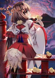 Rule 34 | 1girl, ass, bad id, bad pixiv id, bird, bird on hand, bird tail, blush, brown eyes, brown hair, chick, chinese zodiac, cloud, cloudy sky, commentary request, feathers, flower, from behind, hair ribbon, hakama, hakama short skirt, hakama skirt, highres, horizon, japanese clothes, long hair, long sleeves, looking at viewer, looking back, low twintails, matching hair/eyes, mountain, okotoburi, original, outdoors, profile, reflection, ribbon, sitting, skirt, sky, solo, sunrise, tail, thighhighs, twintails, very long hair, white thighhighs, wide sleeves, year of the rooster