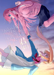 Rule 34 | 2girls, blue jacket, blue skirt, bocchi the rock!, bow, dress, flying, gotoh hitori, highres, holding another&#039;s wrist, ijichi nijika, jacket, long hair, looking at another, multiple girls, orikuchi hirata, pants, pants under skirt, pink hair, pink jacket, pink pants, pink track suit, red bow, red eyes, skirt, sky, track jacket, white dress