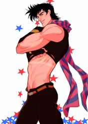 Rule 34 | 1boy, abs, bare shoulders, battle tendency, black hair, blue scarf, clothes lift, crop top, fingerless gloves, gloves, green eyes, grin, jojo no kimyou na bouken, joseph joestar, joseph joestar (young), male focus, midriff, multicolored clothes, multicolored scarf, narrow waist, pink scarf, scarf, shirt lift, smile, solo, spadelake, striped clothes, striped scarf, tan, tanline