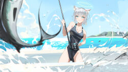 Rule 34 | 1boy, 1girl, anger vein, animal ear fluff, animal ears, doodle sensei (blue archive), bare shoulders, black one-piece swimsuit, blue archive, blue eyes, blue halo, blue sky, blush, boat, breasts, cleavage, cloud, competition swimsuit, cross, cross hair ornament, da (datako), day, extra ears, fishing, fishing line, fishing rod, grey hair, hair ornament, halo, highleg, highleg swimsuit, highres, holding, holding fishing rod, inverted cross, looking at viewer, low ponytail, marlin (fish), medium breasts, mismatched pupils, multicolored clothes, multicolored swimsuit, official alternate costume, one-piece swimsuit, outdoors, sensei (blue archive), shark, shiroko (blue archive), shiroko (swimsuit) (blue archive), sky, splashing, sweat, swimsuit, two-tone swimsuit, water, watercraft, wolf ears