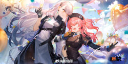 Rule 34 | 2girls, ak-alfa (girls&#039; frontline), balloon, belt pouch, beret, black gloves, black pantyhose, blue necktie, blue sky, brown dress, brown hat, cake, champagne flute, closed eyes, cloud, collared shirt, confetti, copyright name, cup, dress, drinking glass, floating hair, food, girls&#039; frontline, gloves, hat, heart balloon, highres, holding, holding cup, layered sleeves, locked arms, logo, long hair, long sleeves, looking at another, mp7 (girls&#039; frontline), multiple girls, necktie, nuanpapa, one side up, open mouth, pantyhose, pouch, red hair, shirt, short over long sleeves, short sleeves, side slit, sky, smile, string of flags, upper body, weibo logo, weibo watermark, white dress, white shirt