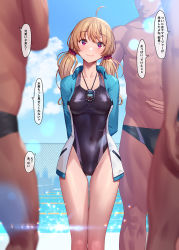 Rule 34 | 1girl, 3boys, ahoge, arms behind back, black male swimwear, black one-piece swimsuit, black swim briefs, blurry, blurry background, blurry foreground, blush, breasts, competition swimsuit, covered navel, dark-skinned male, dark skin, day, gluteal fold, highleg, highleg swimsuit, jacket, long hair, male swimwear, mana (remana), medium breasts, multiple boys, one-piece swimsuit, open clothes, open jacket, original, outdoors, pool, red eyes, smile, speech bubble, standing, stopwatch, swim briefs, swimsuit, thigh gap, translated, twintails, watch