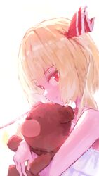 Rule 34 | 1girl, absurdres, blonde hair, camisole, flandre scarlet, from side, hair ribbon, highres, looking at viewer, medium hair, nepperoni, red eyes, red ribbon, ribbon, side ponytail, simple background, smile, solo, stuffed animal, stuffed toy, teddy bear, touhou, upper body, white background, white camisole