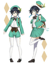 Rule 34 | 1boy, absurdres, alternate costume, ameman, androgynous, backpack, bag, beret, black hair, blue eyes, blue hair, braid, brown bag, brown footwear, commentary, corset, crossdressing, feathers, flower, frilled sleeves, frills, genshin impact, gradient hair, green headwear, green jacket, green shorts, green skirt, hat, hat flower, unworn hat, unworn headwear, highres, jacket, loafers, long sleeves, male focus, multicolored hair, multiple views, open clothes, open jacket, open mouth, pantyhose, shoes, short hair with long locks, shorts, side braids, skirt, smile, thighhighs, twin braids, venti (genshin impact), vision (genshin impact), white flower, zettai ryouiki