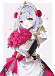 Rule 34 | 1girl, :d, absurdres, apron, armor, blunt bangs, bouquet, braid, braided bangs, flower, genshin impact, green eyes, grey hair, hair flower, hair ornament, highres, holding, holding bouquet, looking at viewer, maid apron, nirako mona, noelle (genshin impact), open mouth, petals, red flower, red rose, rose, short hair, shoulder armor, smile, solo, white apron