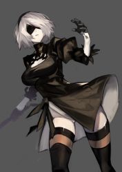 Rule 34 | 1girl, absurdres, ass, balance (superdust), black dress, black thighhighs, blindfold, boots, breasts, cleavage, cleavage cutout, closed mouth, clothing cutout, dress, feather trim, gloves, hairband, highres, holding, holding sword, holding weapon, lips, medium breasts, nier (series), nier:automata, short hair, simple background, solo, sword, thigh boots, thighhighs, thighs, turtleneck, weapon, white hair, 2b (nier:automata)