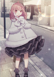 Rule 34 | 1girl, absurdres, ahoge, black dress, black footwear, black ribbon, blurry, blurry background, bobby socks, capelet, commentary request, day, depth of field, dress, fang, fur-trimmed capelet, fur trim, grey socks, hair ribbon, highres, long hair, looking at viewer, multicolored hair, nijisanji, open mouth, outdoors, pink hair, pleated dress, red eyes, ribbon, road, sapphire (sapphire25252), sasaki saku, sasaki saku (4th costume), shoes, sidewalk, socks, solo, standing, streaked hair, street, virtual youtuber, white capelet, white hair