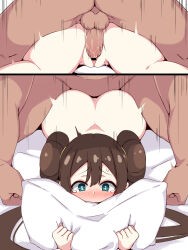 1boy 1girl ass bed bed_sheet blue_eyes brown_hair censored creatures_(company) game_freak hair_bun holding holding_pillow kumasteam long_hair nintendo nude penis pillow pointless_censoring pokemon pokemon_bw2 prone_bone rosa_(pokemon) sex sex_from_behind solo_focus testicles thighs twintails vaginal wide_hips