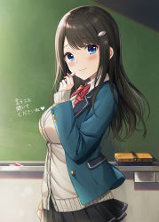 Rule 34 | 1girl, azuki yui, black hair, black skirt, blazer, blue eyes, blue jacket, blush, bow, bowtie, breasts, cardigan, chalk, chalkboard, classroom, closed mouth, commentary request, cowboy shot, from side, grey cardigan, hair ornament, hairclip, heart, highres, holding, holding chalk, indoors, jacket, long sleeves, looking at viewer, looking to the side, medium breasts, miniskirt, open clothes, open jacket, original, pleated skirt, red bow, red bowtie, school uniform, skirt, smile, solo, striped bow, striped bowtie, striped clothes, striped neckwear, swept bangs, translated