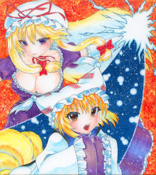 Rule 34 | 2girls, bad id, bad pixiv id, blonde hair, bow, breasts, choker, cleavage, dress, elbow gloves, energy, eyebrows, eyelashes, fox tail, frilled dress, frilled sleeves, frills, gloves, gradient background, hair bow, hat, hat ribbon, large breasts, light, lips, long hair, long sleeves, mob cap, multiple girls, multiple tails, open mouth, outstretched arm, own hands together, purple eyes, qqqrinkappp, ribbon, ribbon choker, serious, short hair, sidelocks, slit pupils, summoning, sweatdrop, tabard, tail, teeth, tight clothes, tight dress, tongue, touhou, two-tone background, very long hair, white dress, white gloves, wide sleeves, yakumo ran, yakumo yukari, yellow eyes