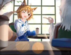 Rule 34 | 2girls, ;d, absurdres, ahoge, akinakesu-chan, animal ear fluff, animal ears, blurry, blurry background, blurry foreground, branch, breasts, brown eyes, brown hair, chair, coffee cup, commentary request, commission, cup, depth of field, disposable cup, fox ears, fox girl, fox tail, head tilt, highres, holding, holding cup, hood, hood down, hooded jacket, jacket, long sleeves, multiple girls, on chair, one eye closed, open mouth, original, puffy long sleeves, puffy sleeves, romaji commentary, short hair, small breasts, smile, solo focus, table, tail, white hair, white jacket, window
