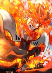 Rule 34 | 1boy, armor, blue bodysuit, bodysuit, boku no hero academia, clenched teeth, endeavor (boku no hero academia), fiery hair, fighting stance, fire, foreshortening, male focus, mature male, muscular, muscular male, onegingek, pauldrons, serious, short hair, shoulder armor, solo, spiked hair, teeth, third-party source, upper body
