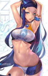 Rule 34 | 1girl, alternate skin color, armband, armlet, armpits, arms up, bikini, black hair, blue eyes, blue hair, breasts, cameltoe, character name, commentary, contrapposto, cowboy shot, creatures (company), earrings, eyeliner, game freak, gloves, groin, gtunver, gym leader, hair bun, highres, hoop earrings, jewelry, long hair, looking at viewer, makeup, multicolored hair, navel, necklace, nessa (pokemon), nintendo, open mouth, pokemon, pokemon swsh, signature, single glove, single hair bun, solo, stomach, swimsuit, tankini, wet, wet clothes