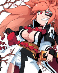 Rule 34 | 1girl, baiken, bandages, big hair, black nails, branch, breasts, cleavage, cowboy shot, eyepatch, guilty gear, highres, looking at viewer, medium breasts, nail polish, parted lips, pink hair, ponytail, red eyes, red rope, rope, scar, scott malin, shadow, solo