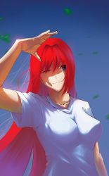 Rule 34 | 1girl, absurdres, aozaki aoko, blue eyes, breasts, closed mouth, commentary, hair intakes, highres, leaf, long hair, mauri sisca, medium breasts, melty blood, melty blood: type lumina, one eye closed, red hair, shirt, short sleeves, smile, solo, t-shirt, tsukihime, tsukihime (remake), upper body, very long hair, white shirt