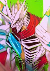 Rule 34 | armor, blurry, blurry background, cape, chest jewel, close-up, digimon, digimon (creature), green background, highres, horns, jesmon, red cape, red shrug, shoulder armor, shrug (clothing), single horn, solo, spikes, twitter username, yellow eyes, zigokuno