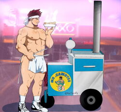 Rule 34 | 1boy, abs, alternate costume, apron, ass peek, ayysquidly, bara, beard, beard stubble, boku no hero academia, bulge, contemporary, endeavor (boku no hero academia), facial hair, food, food stand, full body, headband, highres, holding, holding plate, holding tongs, large pectorals, looking at viewer, male focus, mature male, muscular, muscular male, navel, nipples, pectorals, photo background, plate, profile, revealing clothes, scar, scar across eye, shoes, short hair, sideburns, sideways glance, sneakers, solo, spiked hair, stomach, strongman waist, stubble, sweet potato, thick eyebrows, thick thighs, thighs, tongs, topless male, waist apron, white headband