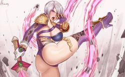 Rule 34 | 1girl, aqua eyes, armor, artist name, ass, bare shoulders, boots, breasts, commentary, erodrunky, gauntlets, gloves, high heels, highleg, highleg leotard, highres, holding, holding sword, holding weapon, isabella valentine, kicking, legs, leotard, lips, lipstick, makeup, medium breasts, namco, open mouth, purple leotard, shiny clothes, shiny skin, short hair, shoulder armor, sideboob, signature, simple background, soul calibur, soulcalibur, soulcalibur iv, sword, teeth, thigh boots, thighs, thong, weapon, whip sword, white gloves, white hair