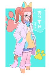 Rule 34 | 1girl, aikatsu! (series), aikatsu stars!, animal ear hairband, animal ears, bell, blue background, blue eyes, blue shorts, blunt bangs, boots, border, coat, cropped legs, fake animal ears, fang, fur-trimmed boots, fur trim, glaring, glasses, hairband, hands in pockets, knee boots, lab coat, looking at viewer, looking to the side, medium hair, moudoku (decopon3rd), neck bell, open clothes, open coat, open mouth, outline, outside border, paw print, paw print background, saotome ako, shirt, short shorts, shorts, side ponytail, sidelocks, solo, tail, translation request, v-shaped eyebrows, white border, white outline, yellow shirt