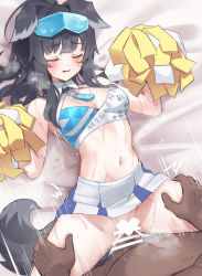 Rule 34 | 1boy, 1girl, animal ears, bad id, bad pixiv id, bar censor, bare shoulders, black hair, blue archive, blue eyes, blush, breasts, censored, cheerleader, closed eyes, clothed female nude male, clothed sex, clothes writing, crop top, dark-skinned male, dark skin, dog ears, dog girl, dog tail, eyewear on head, goggles, goggles on head, halo, hetero, hibiki (blue archive), hibiki (cheer squad) (blue archive), highres, leg grab, long hair, looking at viewer, lying, medium breasts, midriff, millennium cheerleader outfit (blue archive), miniskirt, missionary, navel, neko mantis, nude, on back, open mouth, penis, pleated skirt, pom pom (cheerleading), ponytail, pussy, sex, skirt, solo focus, spread legs, tail, thigh grab, vaginal, white skirt