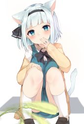 Rule 34 | 1girl, animal ears, black bow, black bowtie, black footwear, black hairband, black ribbon, blush, bow, bowtie, breasts, cat ears, cat tail, closed mouth, collared shirt, commentary request, dress, fingernails, green dress, hairband, hand up, heart, heart-shaped pupils, highres, jacket, karasusou nano, konpaku youmu, leaf, long sleeves, looking at viewer, medium breasts, open clothes, open jacket, puffy long sleeves, puffy sleeves, ribbon, shadow, shirt, shoes, short hair, short sleeves, silver hair, simple background, sitting, smile, socks, solo, symbol-shaped pupils, tail, touhou, white background, white shirt, white socks, yellow jacket