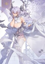 Rule 34 | 1girl, breasts, cleavage, clothes lift, demon girl, demon horns, demon wings, detached sleeves, dress, dress lift, duel monster, gloves, grey dress, grey eyes, grey hair, highres, holding, holding polearm, holding weapon, horns, knees together feet apart, large breasts, long sleeves, lovely labrynth of the silver castle, low wings, polearm, red cucumber, see-through, see-through dress, solo, thighhighs, twintails, weapon, white dress, white gloves, wings, yu-gi-oh!