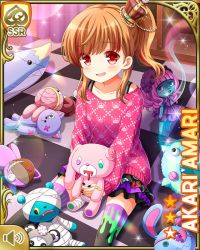 Rule 34 | 1girl, amari akari, beads, bedroom, black skirt, bookcase, bow, brown hair, card (medium), character name, checkered floor, crown, eyepatch, frilled skirt, frills, girlfriend (kari), hair beads, hair bow, hair ornament, indoors, looking at object, multicolored clothes, multicolored hair, multicolored legwear, nail polish, night, official art, on floor, open mouth, pink sweater, ponytail, qp:flapper, red eyes, short hair, side ponytail, sidelocks, skirt, smile, solo, streaked hair, stuffed animal, stuffed cat, stuffed dog, stuffed dragon, stuffed rabbit, stuffed shark, stuffed toy, sweater, tagme, teddy bear, thighhighs
