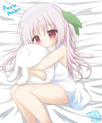 Rule 34 | 1girl, bare arms, bare legs, bare shoulders, bed sheet, blonde dog girl (ri-net), blush, closed mouth, dress, feet out of frame, fuyuno usako, grey hair, hair between eyes, hair ornament, highres, leaf hair ornament, long hair, looking at viewer, lying, hugging object, on side, one side up, original, parted bangs, red eyes, ri-net, sleeveless, sleeveless dress, smile, solo, stuffed animal, stuffed rabbit, stuffed toy, very long hair, white dress