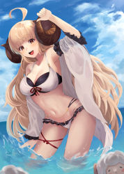 Rule 34 | 1girl, :d, absurdres, ahoge, anila (granblue fantasy), benjamin4679, bikini, blonde hair, breasts, brown eyes, cloud, collarbone, commentary request, contrapposto, crop top, dot nose, frills, granblue fantasy, hand up, highres, horns, large breasts, legs apart, long hair, long sleeves, looking at viewer, navel, open mouth, outdoors, sash, shadow, sheep, sheep horns, sky, smile, solo focus, string bikini, swimsuit, tankini, teeth, thick eyebrows, thigh strap, thighs, upper teeth only, very long hair, wading, white bikini, white sash