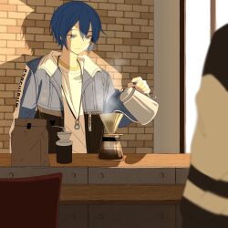 Rule 34 | 1boy, 1other, arm at side, bag, black jacket, blue eyes, blue hair, blue jacket, blue nails, brick wall, cafe, chair, closed mouth, coffee filter, collared jacket, counter, dot nose, evening, highres, holding kettle, indoors, jacket, jewelry, kaito (vocaloid), looking at object, male focus, multicolored clothes, multicolored jacket, nail polish, open clothes, open jacket, paper bag, pendant, project sekai, shadow, shirt, smile, solo focus, two-tone jacket, upper body, vivid bad squad kaito, vocaloid, watanuki (enu), white shirt, window