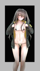Rule 34 | 1girl, absurdres, bikini, black bikini, black jacket, blush, breasts, collarbone, feet out of frame, girls&#039; frontline, grey hair, highres, jacket, long hair, looking at viewer, micro bikini, navel, open clothes, open jacket, open mouth, re1kirisaki342, scar, scar across eye, side ponytail, simple background, small breasts, solo, standing, swimsuit, ump45 (girls&#039; frontline), yellow eyes