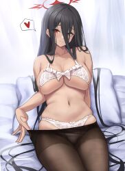 Rule 34 | 1girl, absurdres, black hair, blue archive, bow, bow bra, bow panties, bra, breasts, cleavage, closed mouth, clothes pull, collarbone, duchessofarmeria, hair between eyes, halo, hasumi (blue archive), heart, highres, large breasts, long bangs, long hair, looking at viewer, navel, on bed, panties, pantyhose, pantyhose pull, pillow, red eyes, sitting, smile, spoken heart, tan, underboob, undersized breast cup, undersized clothes, underwear, very long hair