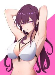 Rule 34 | 1girl, absurdres, alternate hairstyle, armpits, arms up, bikini, breasts, bright pupils, cleavage, collarbone, commentary, earrings, english commentary, highres, honkai: star rail, honkai (series), jewelry, kafka (honkai: star rail), large breasts, long hair, looking at viewer, navel, open mouth, purple background, purple eyes, purple hair, solo, stomach, sweat, swimsuit, two-tone background, upper body, white background, white bikini, white pupils, zelineart
