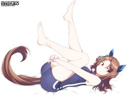 Rule 34 | 1girl, animal ears, barefoot, blue one-piece swimsuit, blue school swimsuit, bow, brown hair, character name, ear covers, full body, hair bow, horse ears, horse girl, horse tail, hugging own legs, king halo (umamusume), long hair, lying, nontraditional school swimsuit, on back, one-piece swimsuit, red eyes, school swimsuit, shigino sohuzi, simple background, solo, swimsuit, tail, tracen swimsuit, umamusume, white background