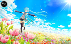 Rule 34 | 10s, 1girl, 2012, 3d, absurdres, aqua eyes, aqua hair, boots, character name, chuukarudoruhu, cloud, daisy, day, detached sleeves, dutch angle, field, flower, flower field, hatsune miku, headset, highres, lens flare, long hair, necktie, outstretched arms, petals, skirt, sky, smile, solo, spread arms, thigh boots, thighhighs, tulip, twintails, very long hair, vocaloid