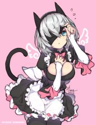 Rule 34 | 1girl, :o, alternate costume, animal ears, apron, black dress, black thighhighs, blindfold, blindfold slip, blue eyes, blush, breasts, cat ears, cat tail, cleavage cutout, clothing cutout, dress, enmaided, flying sweatdrops, grey hair, hairband, hong (white spider), kemonomimi mode, large breasts, leaning forward, long sleeves, looking at viewer, maid, maid apron, nier (series), nier:automata, one eye covered, parted lips, patreon username, pink background, short hair, simple background, solo, standing, tail, thighhighs, white apron, wings, 2b (nier:automata)
