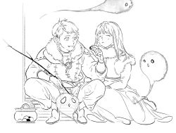 Rule 34 | 1boy, 1girl, ^ ^, aged down, basket, belt, branch, brother and sister, child, closed eyes, dress, dungeon meshi, falin touden, falin touden (tallman), fur trim, ghost, holding, holding branch, hood, hood down, laios touden, long hair, long sleeves, looking away, looking to the side, monochrome, myozur, o-ring, pants, shoes, short hair, siblings, simple background, sitting, sketch, smile, squatting, vest, winter clothes