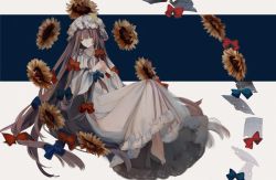 Rule 34 | 1girl, absurdres, banner, blue bow, bow, braid, commentary request, crescent, crescent pin, closed eyes, flower, hat, highres, long hair, own hands together, paper, patchouli knowledge, purple hair, red bow, simple background, sunflower, touhou, twin braids, very long hair, zhixie jiaobu