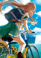Rule 34 | 1girl, 44sann, :d, bag, bag charm, bicycle, blouse, blue sky, brown hair, charm (object), cloud, day, flower, from behind, green skirt, hair ornament, hairclip, horizon, kneehighs, lens flare, loafers, long hair, looking back, necktie, ocean, open mouth, orange eyes, original, outdoors, outstretched arm, pleated skirt, pointing, riding, sailor collar, school bag, school uniform, serafuku, shirt, shoes, short sleeves, skirt, sky, smile, socks, solo, sunflower, sunlight, white shirt, white socks, wind