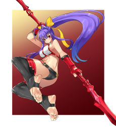Rule 34 | 1girl, antenna hair, ass, backless outfit, barefoot, black panties, black pants, blazblue, blazblue: central fiction, blazblue variable heart, blue hair, border, bow, breasts, collar, eiji (eiji), feet, foot focus, halterneck, halterneck, highres, holding, holding weapon, large breasts, long hair, mai natsume, outseal, panties, pants, polearm, red eyes, revealing clothes, smile, soles, spear, thighhighs, toes, underwear, weapon, white border, yellow bow